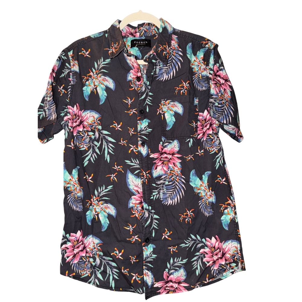 Pacsun Men's Medium Floral Short Sleeve Button Up Shirt Black Pink Blue